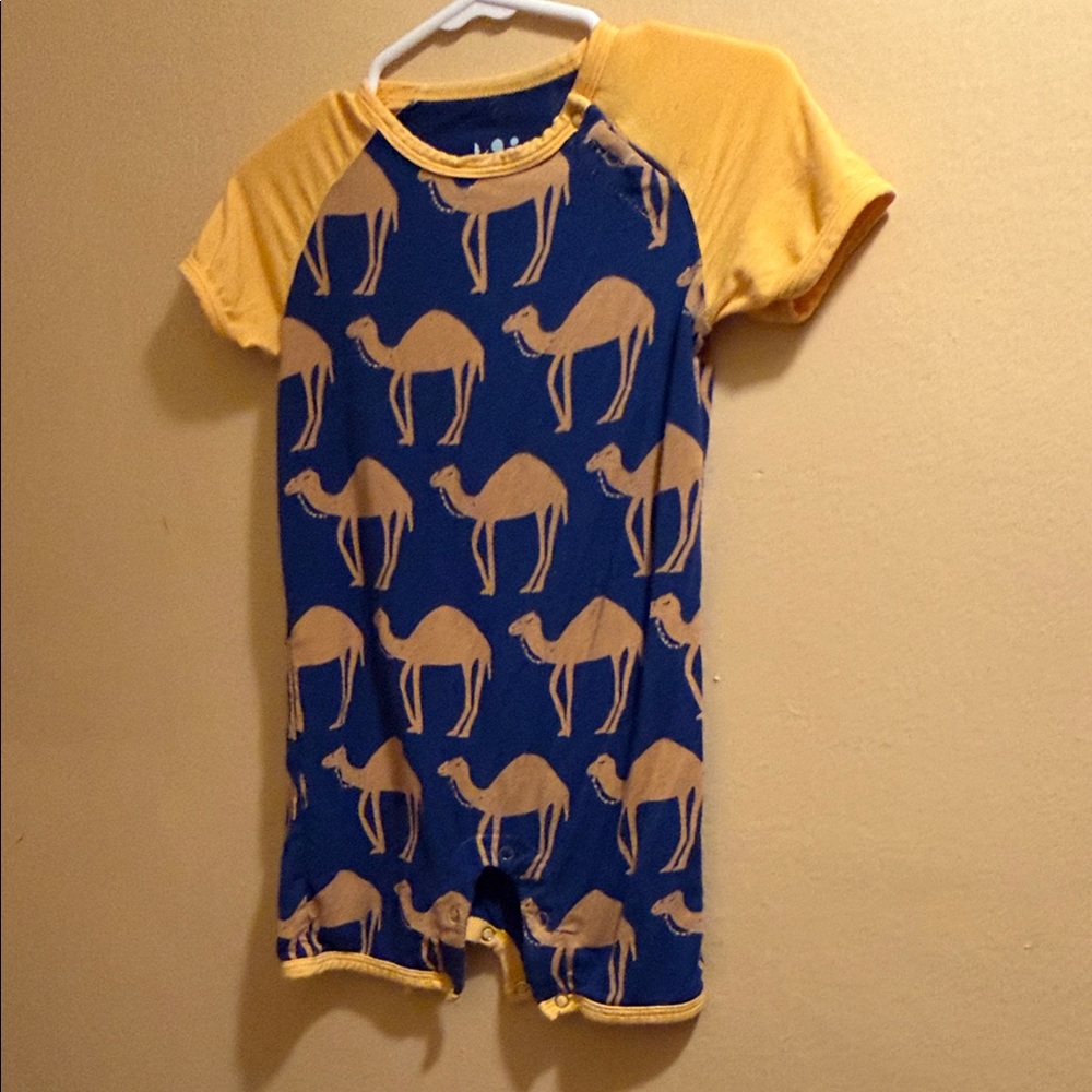 Kickee Pants Navy Romper with Mustard Trim and Polka Dot Logo